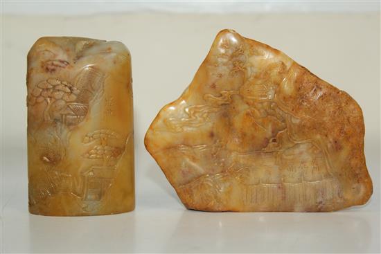 Two Chinese Shoushan stone seals, the first relief carved with sages, signed Luqiao Zhang Dayong in the year jiwei (1919), 8.5 x 5 x